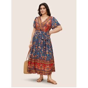 NWT Bloomchic Plus Sz 22-24 Bandana V-neck Pocket Belted Flutter Hem Maxi Boho